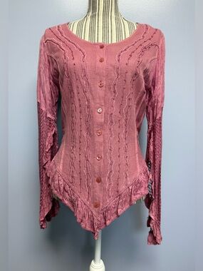 Cute Options Boho Women's Dusty Rose Button-Front Crochet Trim Shirt S